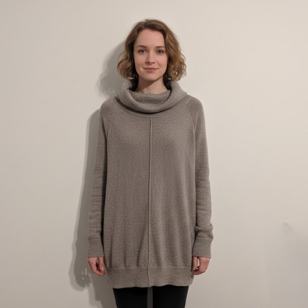 Cynthia Rowley 100% Extrafine Merino Wool Cowl Neck Tunic Sweater Taupe Brown L